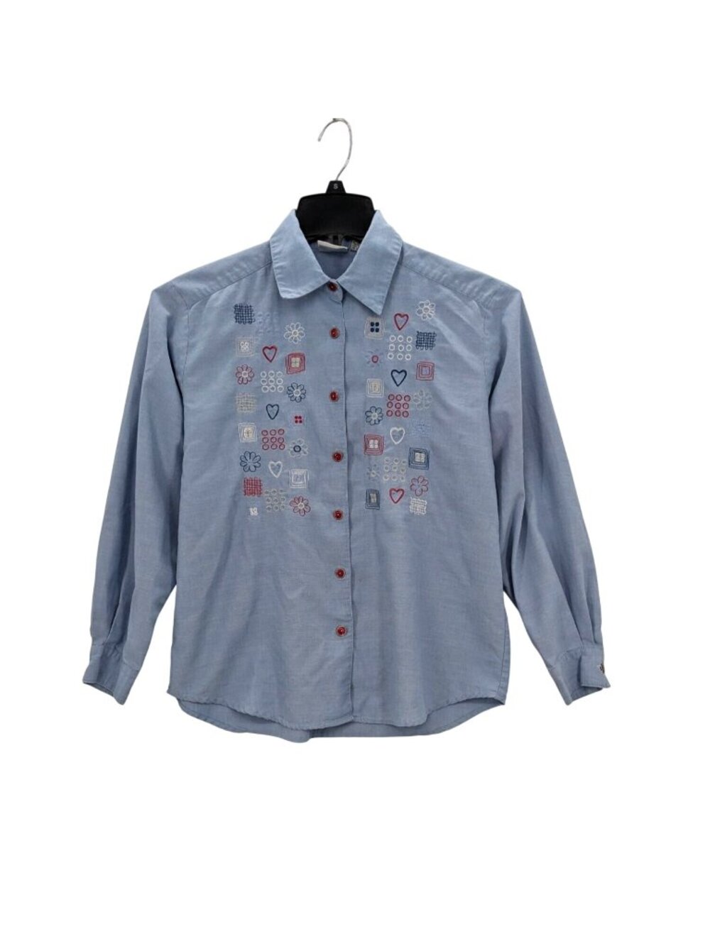 Vtg 90s Embroidered Button Up Shirt Y2K Heart Whimsical Cottage Folk Art Small